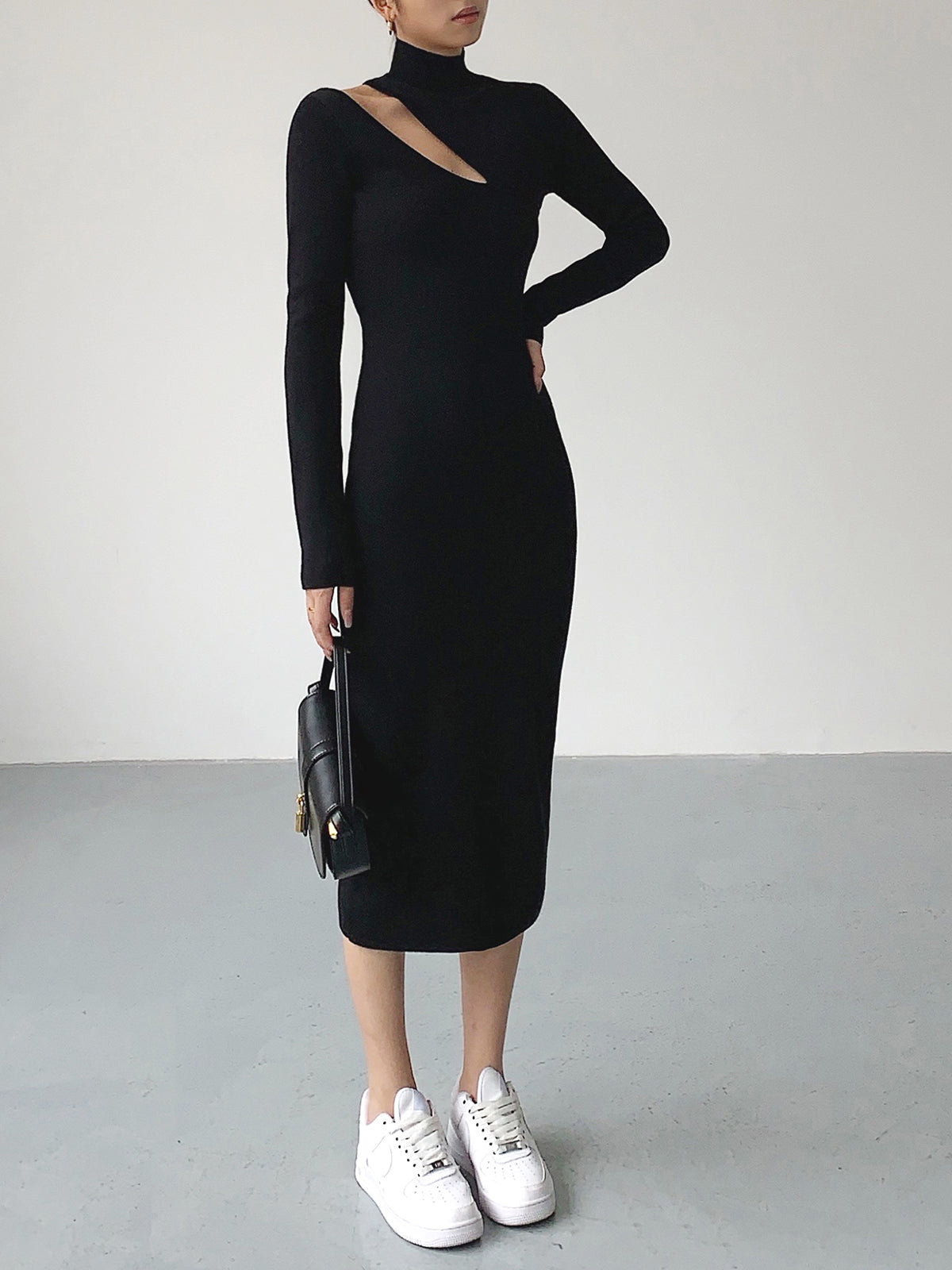 EMMA - Asymmetrical Cutout Mock Neck Knit Midi Dress