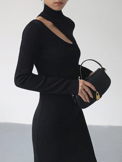 EMMA - Asymmetrical Cutout Mock Neck Knit Midi Dress