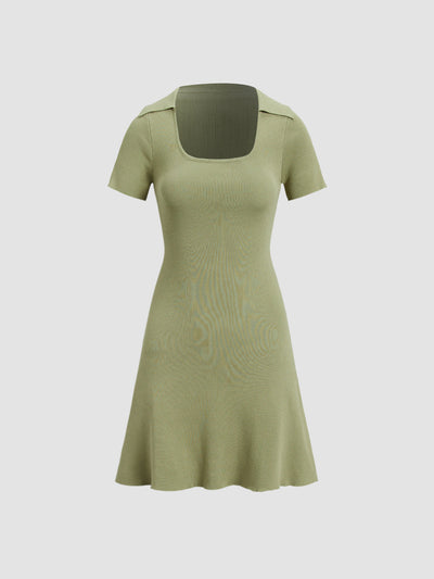 MEGHAN - Collared Ribbed Square Neck Short Dress