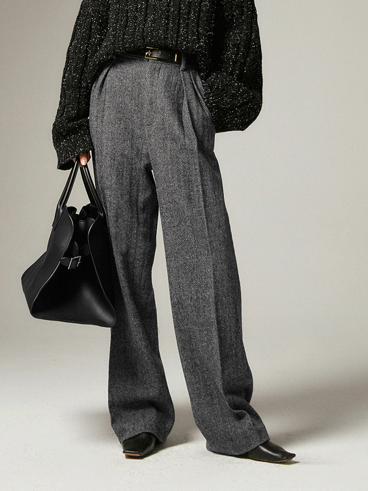 ANGELINA - Herringbone Pockets Wide Leg Dress Pants