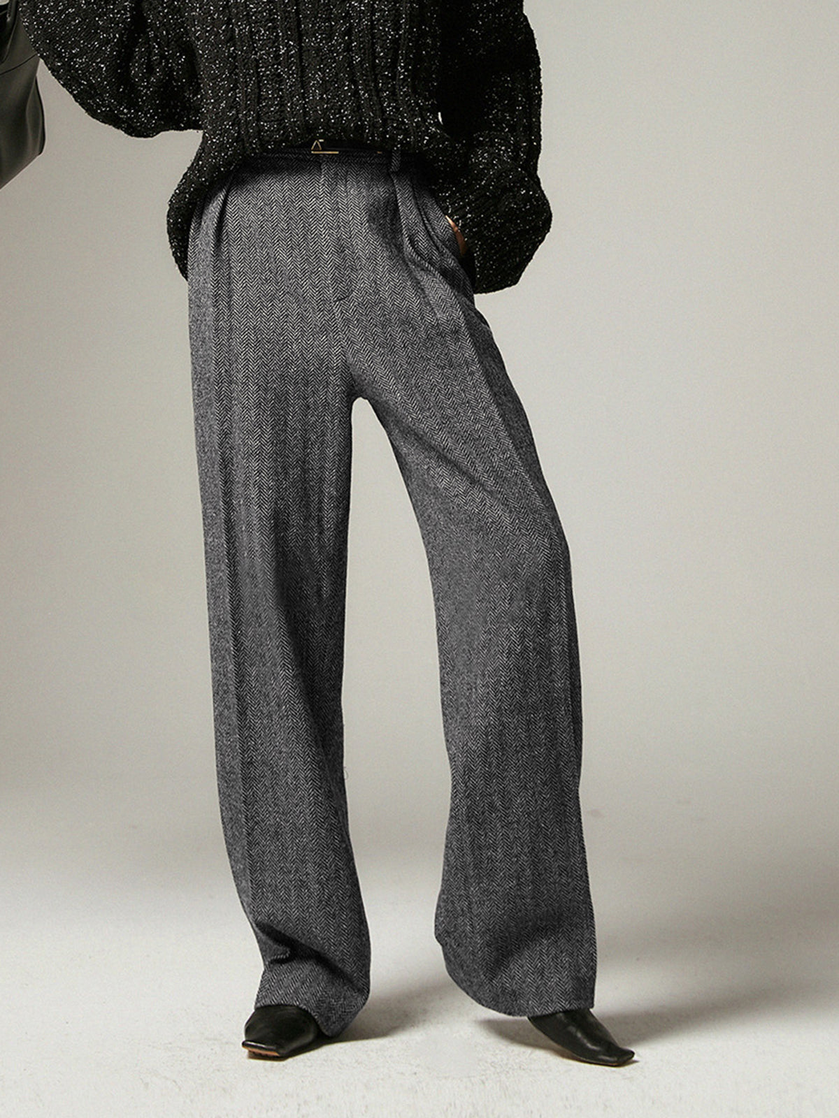 ANGELINA - Herringbone Pockets Wide Leg Dress Pants