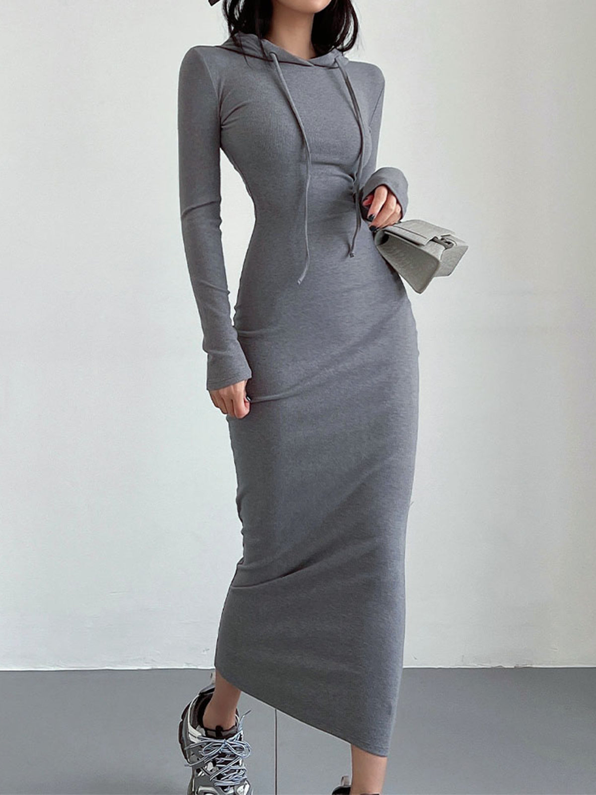 ANA - Drop Shoulder Drawstring Hooded Dress