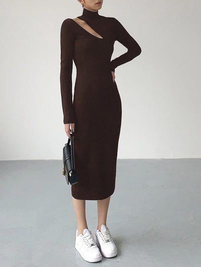 EMMA - Asymmetrical Cutout Mock Neck Knit Midi Dress