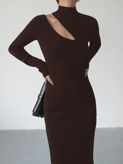 EMMA - Asymmetrical Cutout Mock Neck Knit Midi Dress