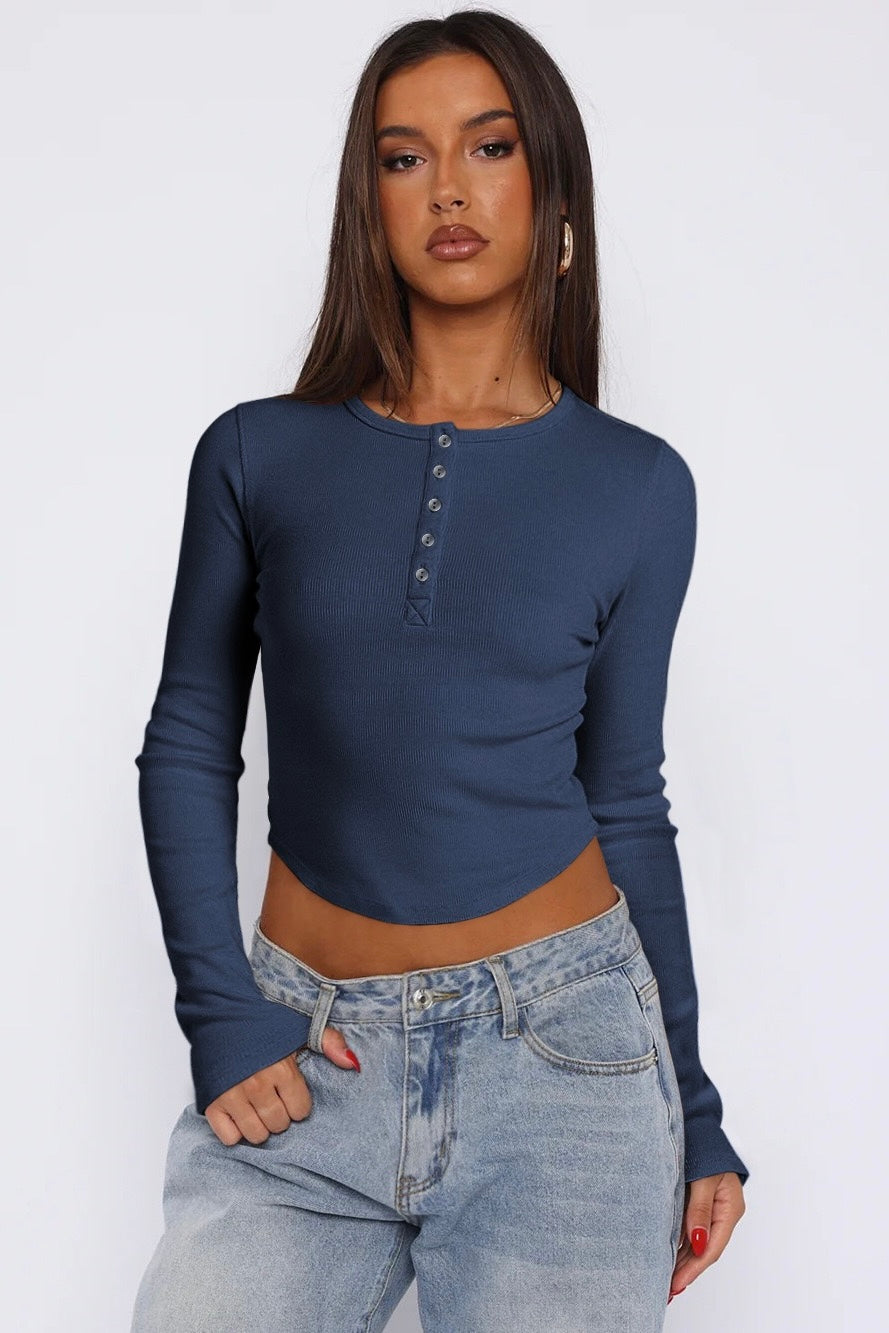 Round Neck Long Sleeve Henley