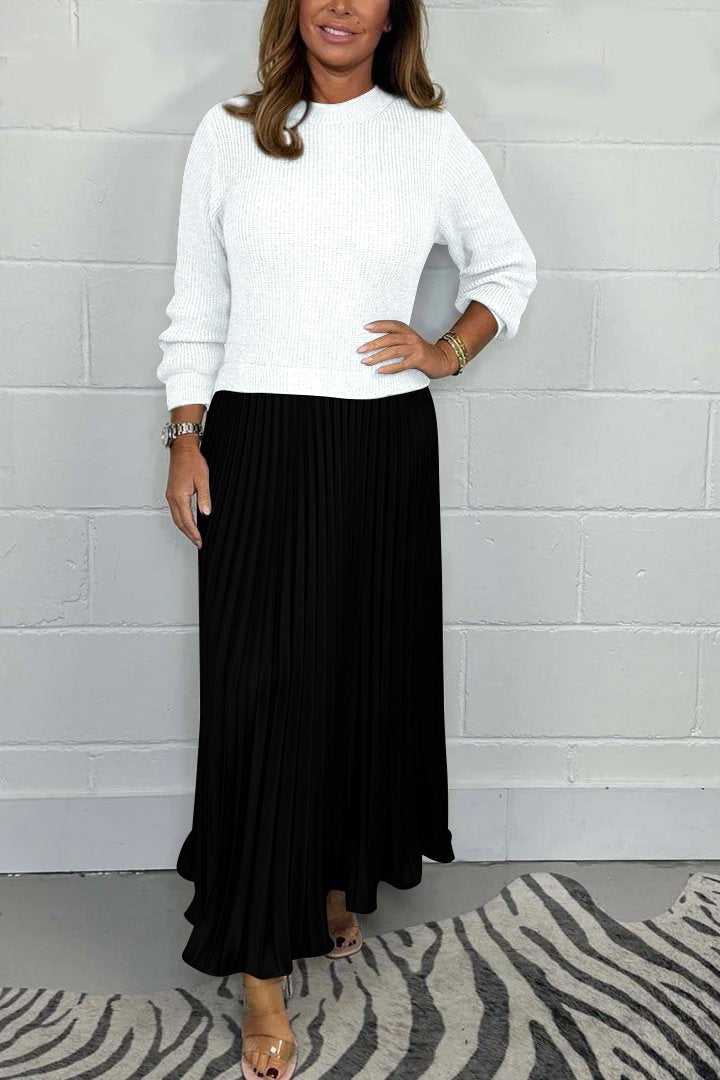 Sasa | Elegant Set Knitted Sweater & Pleated Satin Skirt