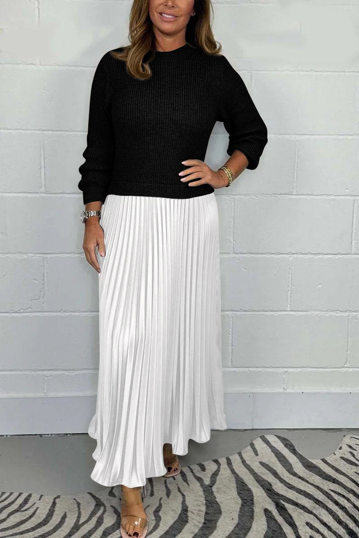 Sasa | Elegant Set Knitted Sweater & Pleated Satin Skirt